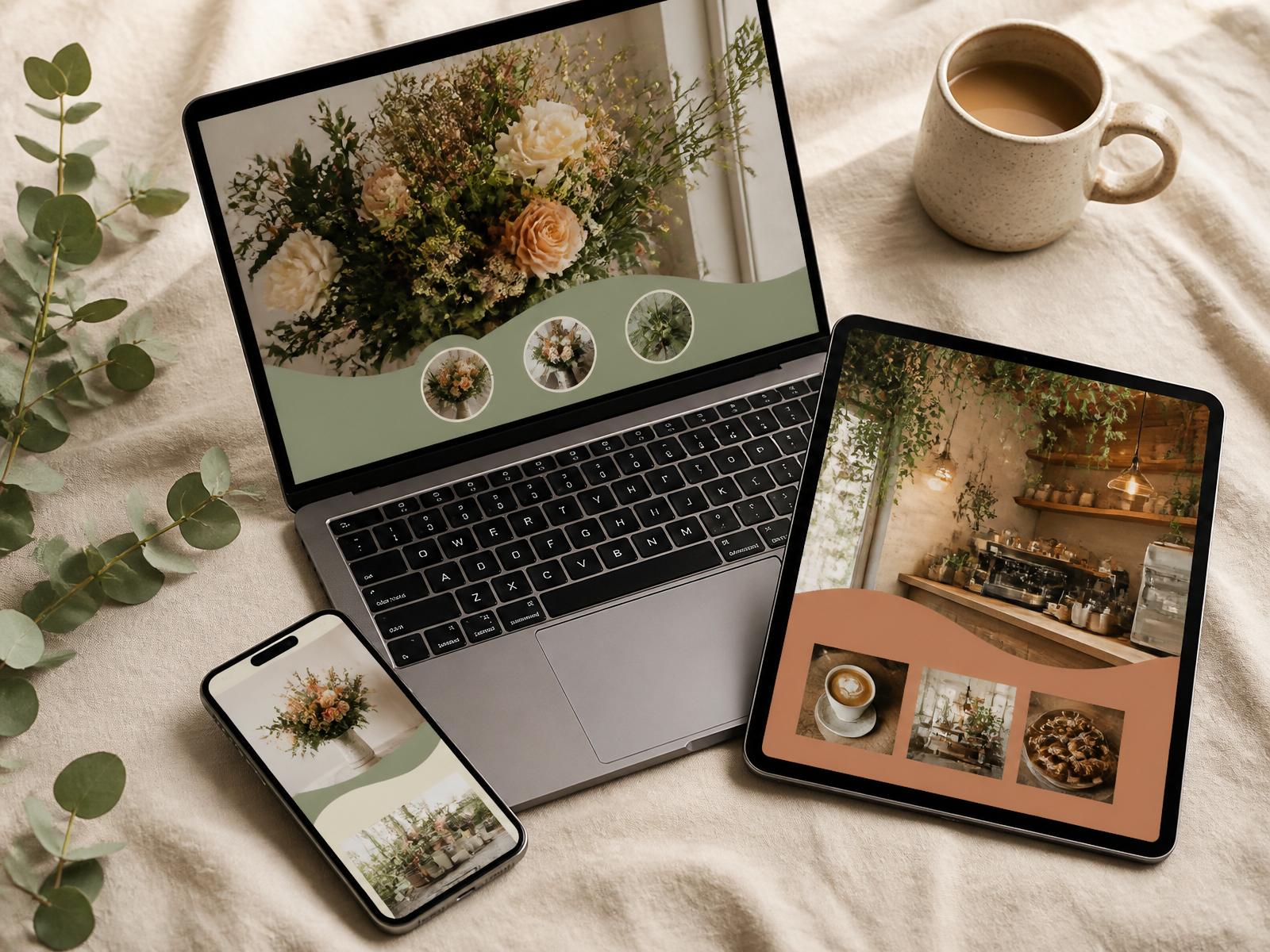 Rooted Studio &co websites shown on laptop, tablet, and phone